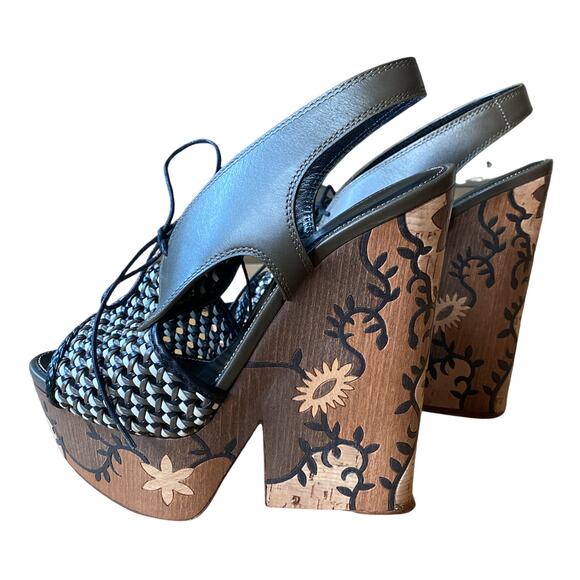 SERGIO ROSSI Atlantiques Platform Sandals Ankle Strap Block Weaved Brown EU 39 - Picture 5 of 10